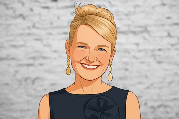 AI illustrated image of Elyce Arons, co-founder of Kate Spade and CEO of Frances Valentine, reflecting her stylish, professional persona