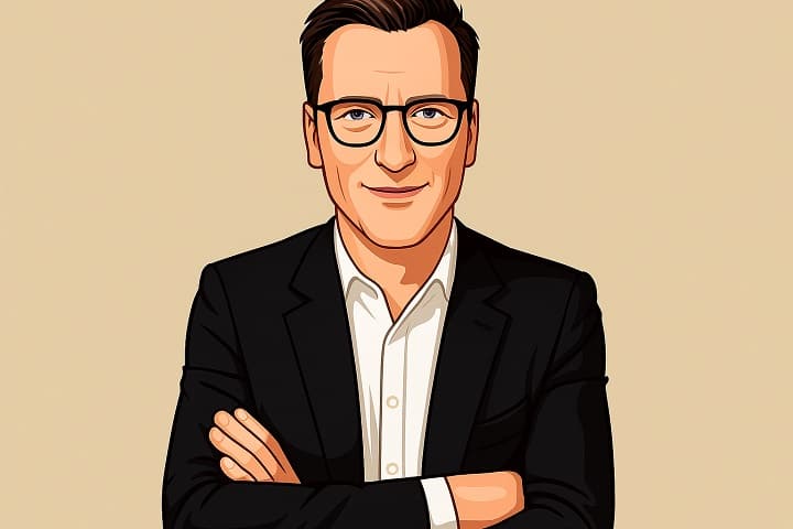 Illustrated portrait of Becket Cook, the Christian YouTuber and author, showing him speaking passionately on stage with a warm background.