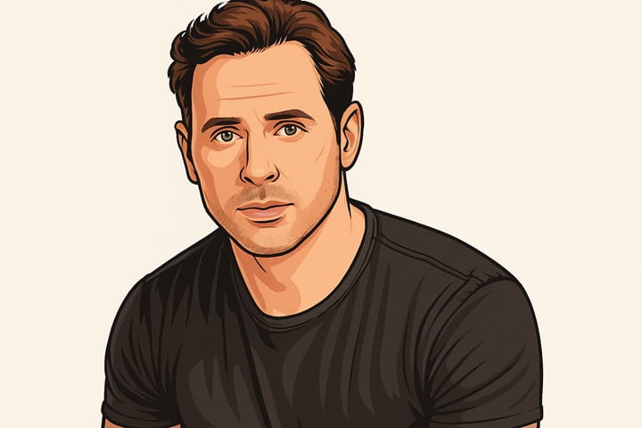 Illustrated portrait of Ben Rosenbaum, Hallmark actor known for playing Michael Hickam in When Calls the Heart and directing A Christmas Letter Home in 2025.