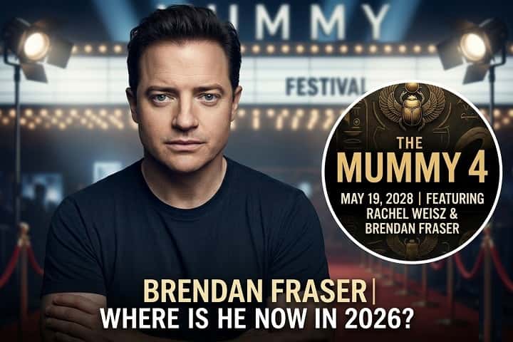 Brendan Fraser at a 2026 film premiere, reflecting his career comeback and upcoming return to The Mummy franchise.