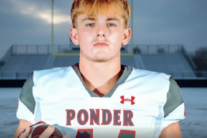 Memorial tribute for Ponder High School football player Caden Nowicki, number 44, following the 2026 winter storm tragedy.