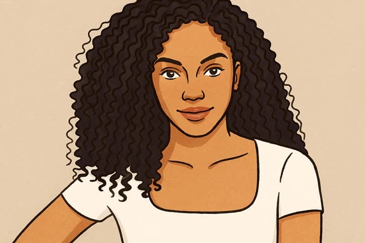 AI-generated illustrated portrait of Dominique Domingo, actress known for her 2025 breakout role in The Accountant² and her waterfall wedding to Jake Lockett.