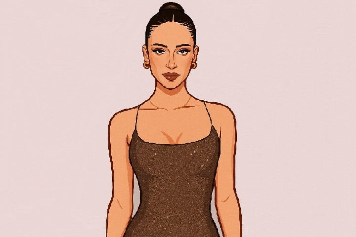Elsie Hewitt illustrated in minimalist fashion styling, with gold accessories and denim in a studio portrait.