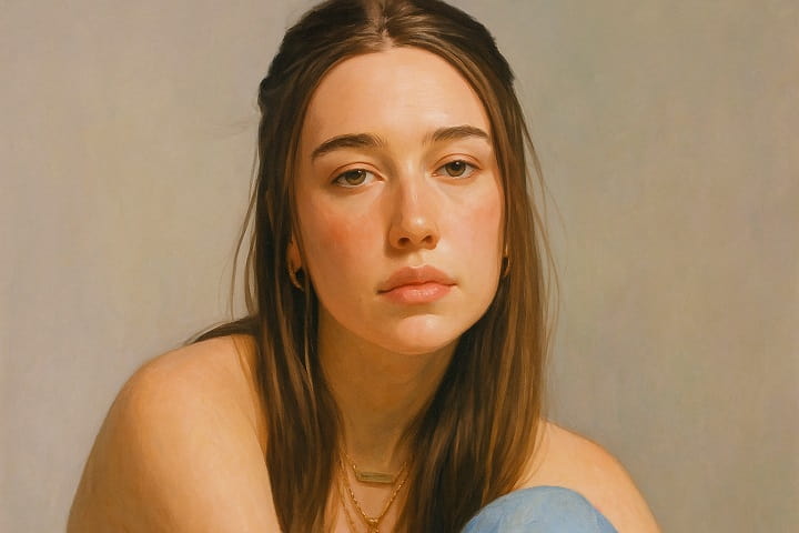 Elsie Hewitt illustrated in a calm indoor setting, symbolizing her 2025 lifestyle centered around mindfulness and slow living.