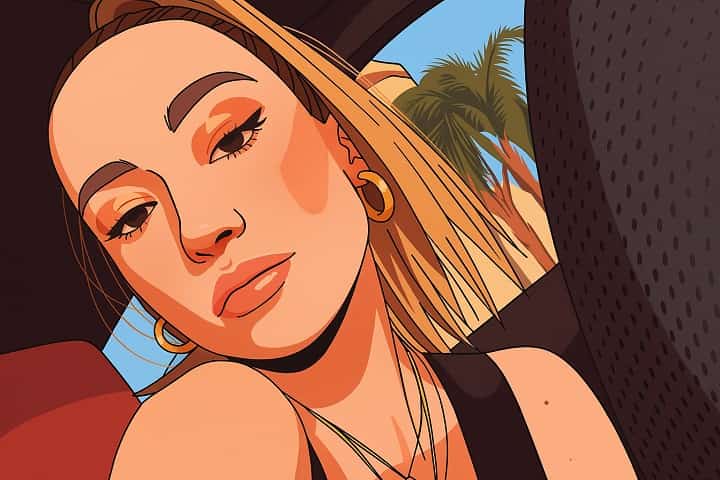 Close-up of Elsie Hewitt with dewy, glowing skin and soft makeup, reflecting her natural skincare routine.