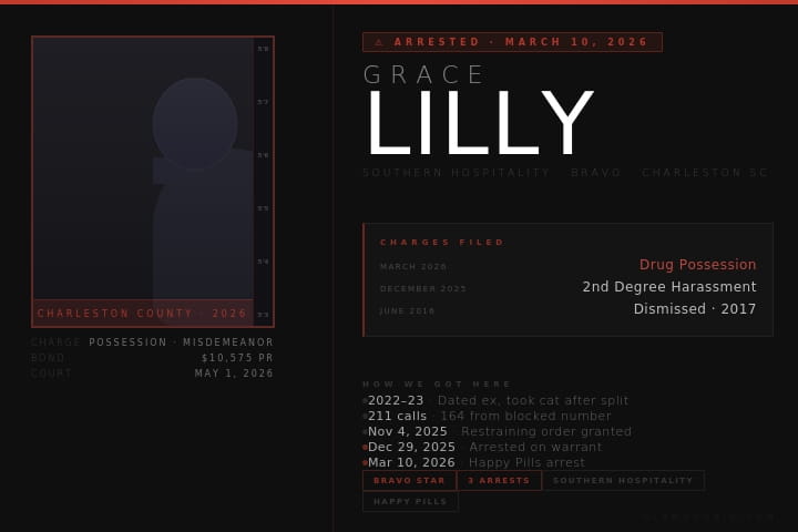 Grace Lilly Southern Hospitality Bravo arrested drug possession Charleston 2026 Happy Pills
