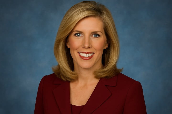 Illustration of Kate Merrill, Emmy Award-winning WBZ-TV anchor, highlighting her 2025 lawsuit against CBS for discrimination and retaliation.