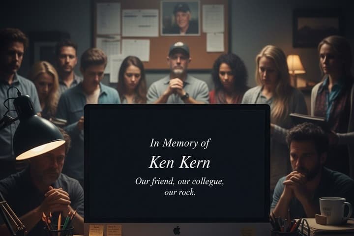 Tribute card on a production office desk reading "In Memory of Ken Kern" from The Lincoln Lawyer Season 4 Episode 6.