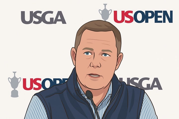 Illustrated portrait of Mike Whan, USGA CEO, leading golf’s transformation in 2025 through ball rollback policies, sustainability, and gender inclusion.