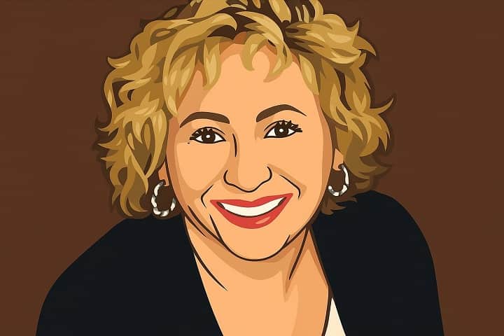 Illustrated portrait of conservative influencer Mila Joy in 2025, wearing patriotic colors, representing Christian values, grassroots activism, and digital political commentary.