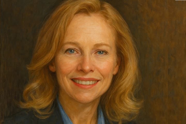 Oil painting portrait of Mitzi Perdue, bestselling author, family business expert, and speaker on legacy and philanthropy.