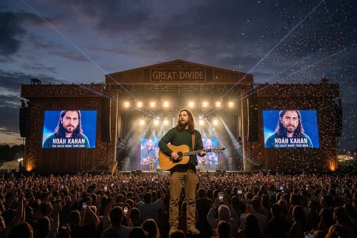 Portrait of Noah Kahan performing live on stage during The Great Divide Tour 2026 stadium concert.