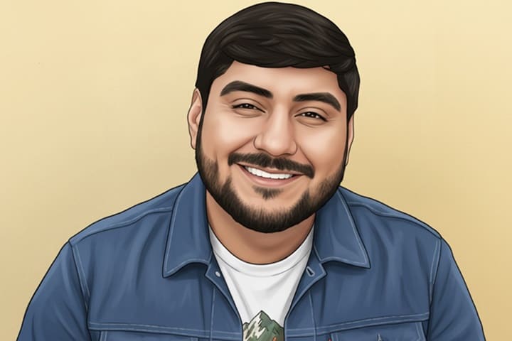 Illustrated portrait of René Vaca, Mexican-American stand-up comedian performing on stage during his 2025 U.S. tour.