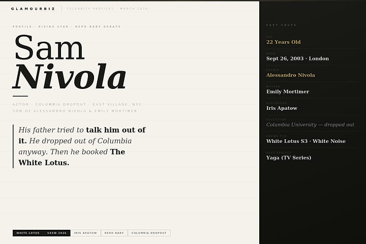 Sam Nivola White Lotus actor Iris Apatow boyfriend SXSW 2026 nepo baby Alessandro Nivola son